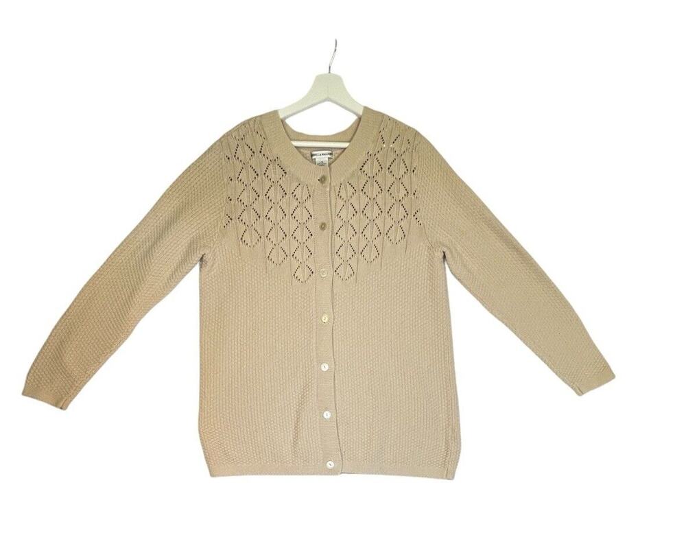 Rebecca Malone Women's Cardigan Size Large Tan Button Up Textured Design
